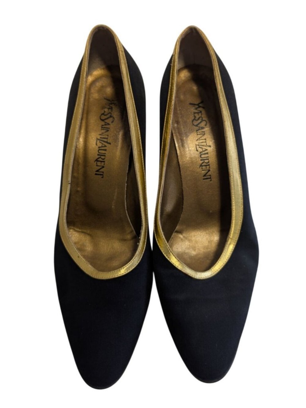 Vintage YSL Yves Saint Laurent Black Gold Metal Toe Heels Pumps Womens Size 8.5 - Picture 2 of 7